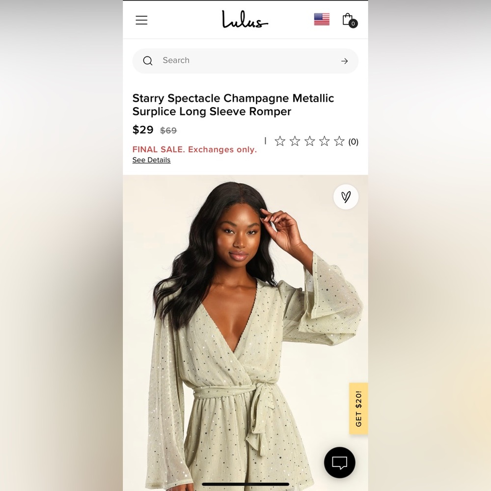 NWT Lulus Starry Spectacle Champagne Metallic Surplice Long Sleeve Romper